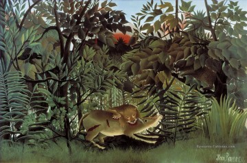 Le lion affamé attaquant une antilope le lion ayant faim se jette sur antilope Henri Rousseau post impressionnisme Naive primitivisme Peinture à l'huile